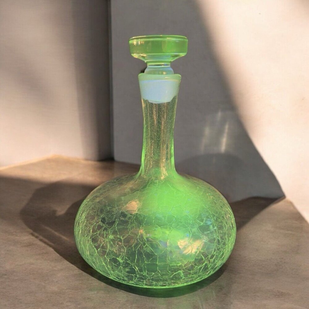 Vintage MCM Blenko Clear Crackle Glass Bottle Decanter Stopper‎ Manganese 365nm
